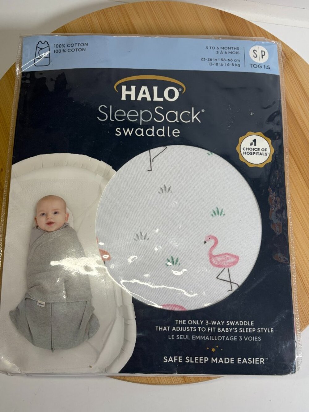 Halo Sleep Sack Swaddle Small 3-6 Month White Pink Flamingo 1.5 TOG Cotton